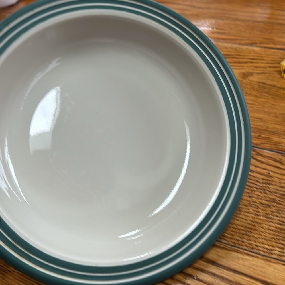 Mason Cash Quality English Ceramic blue/green 9” bowl. Glazed cream interior.